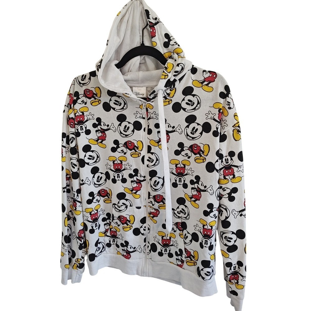 Disney Mickey Mouse Print Women Junior Jacket Full Zip Hooded White Large 11-13